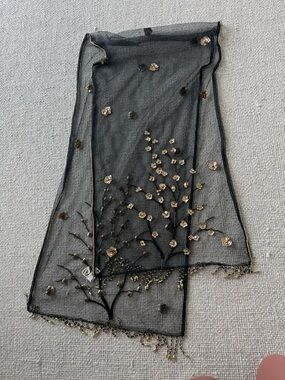 Black & Gold Embroidered Sheer Scarf